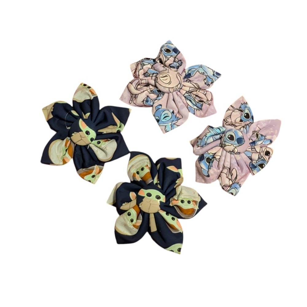Handmade Disney Hair Clips Set of 4‎ Grogu Baby Yoda & Stitch Fabric Flowers